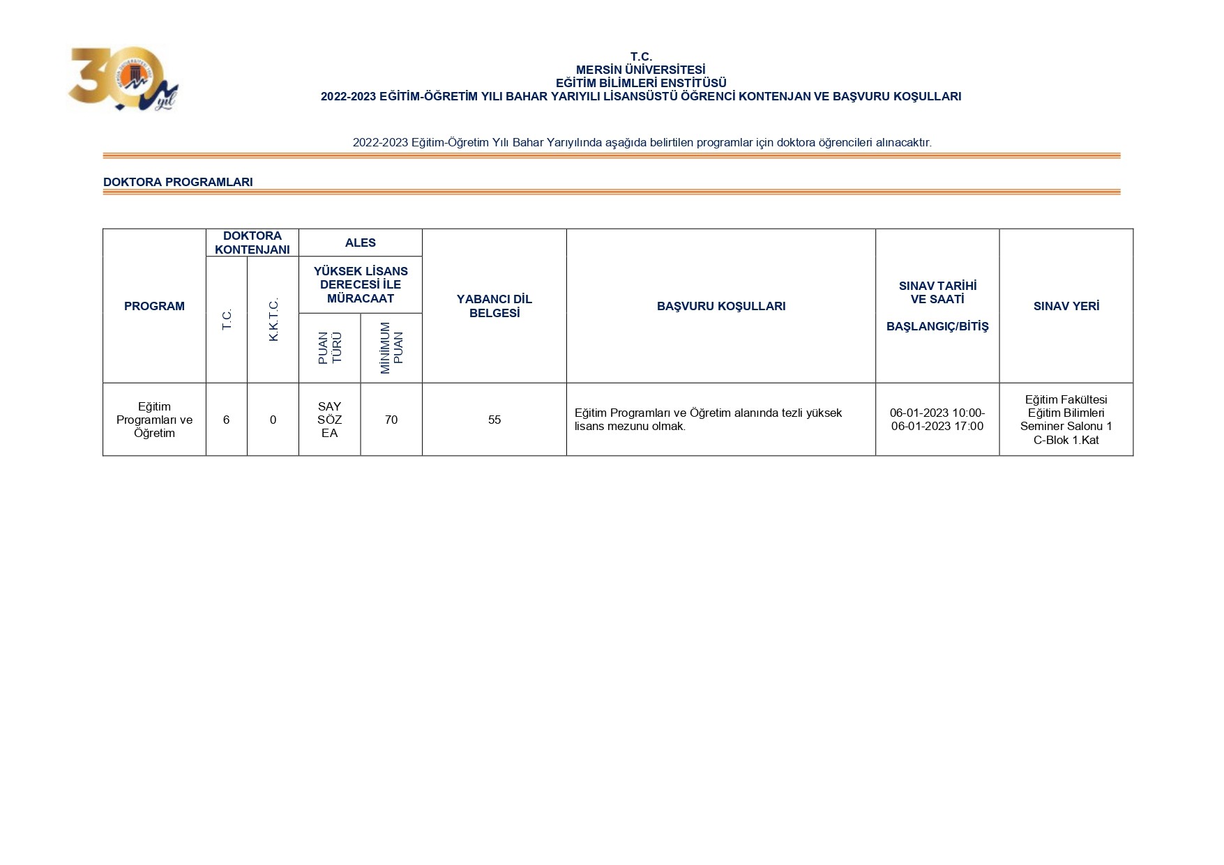 Doktora ProgramI Mülakat Yeri ve Tarihi detayı için tıklayınız